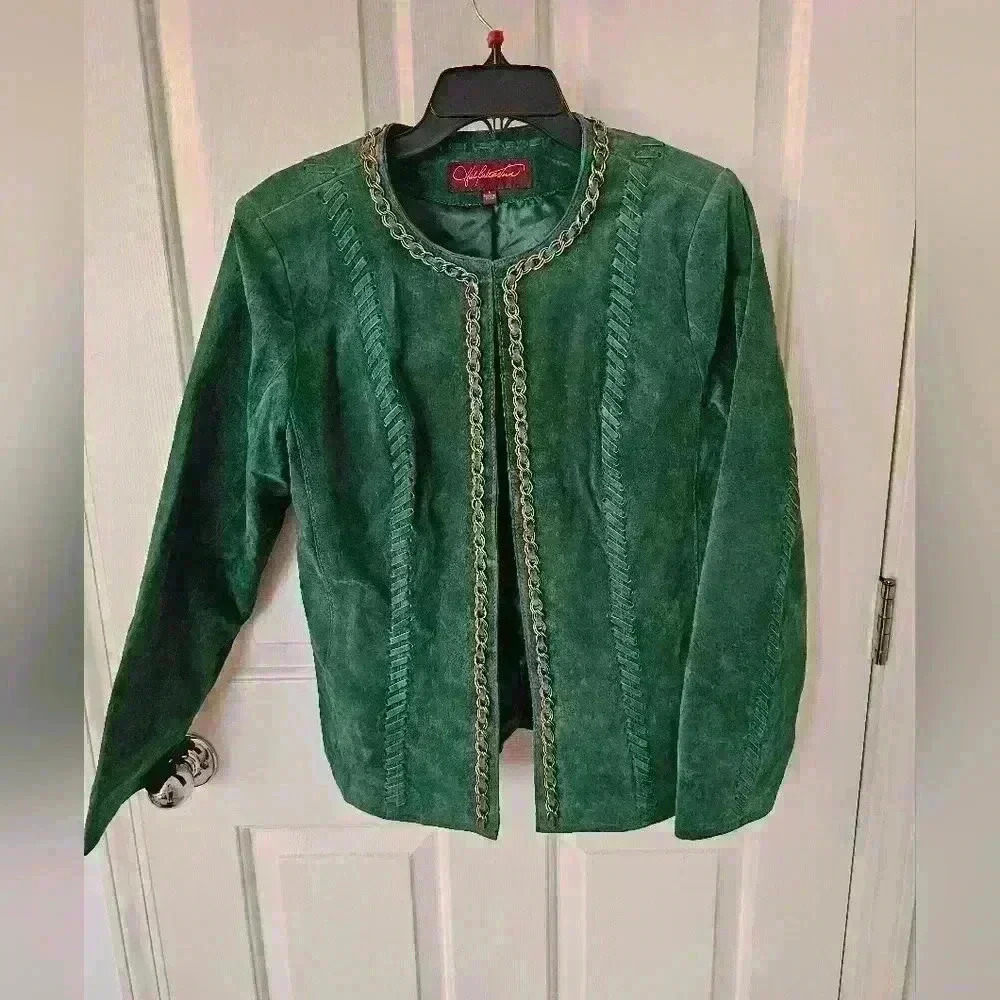 Hal Rubenstein Ladies Green 100% Genuine Leather Suede Jacket With Gold Chain L